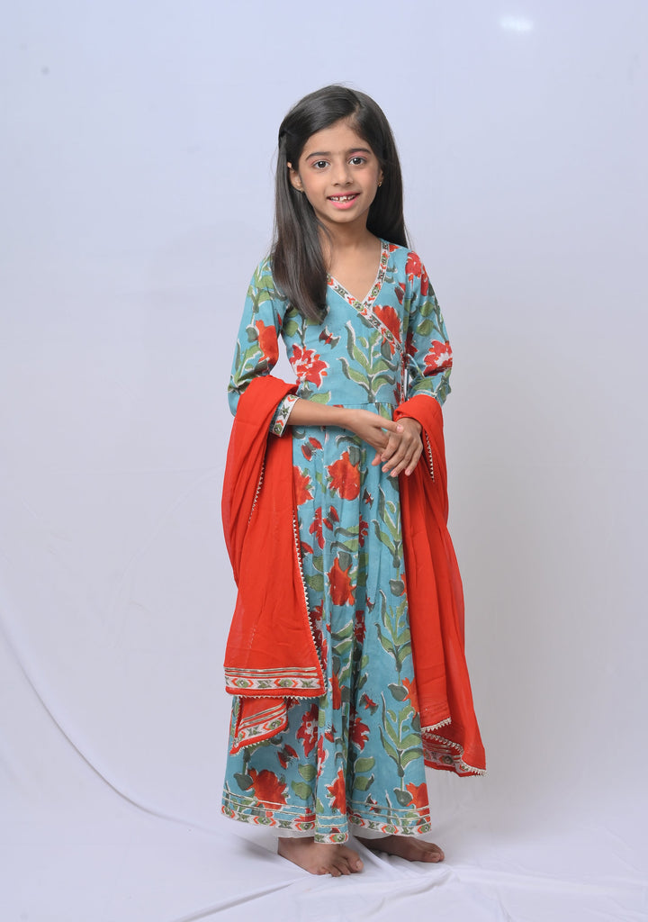 Firozi Pop Anarkali 3 piece suit with tassels | Made To Order