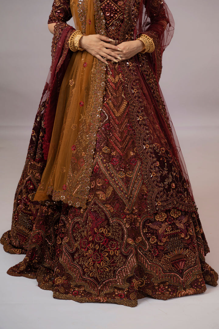 Brown and Ochre Embroidered Lehenga with 2 Dupattas, Customizable, Made to Order