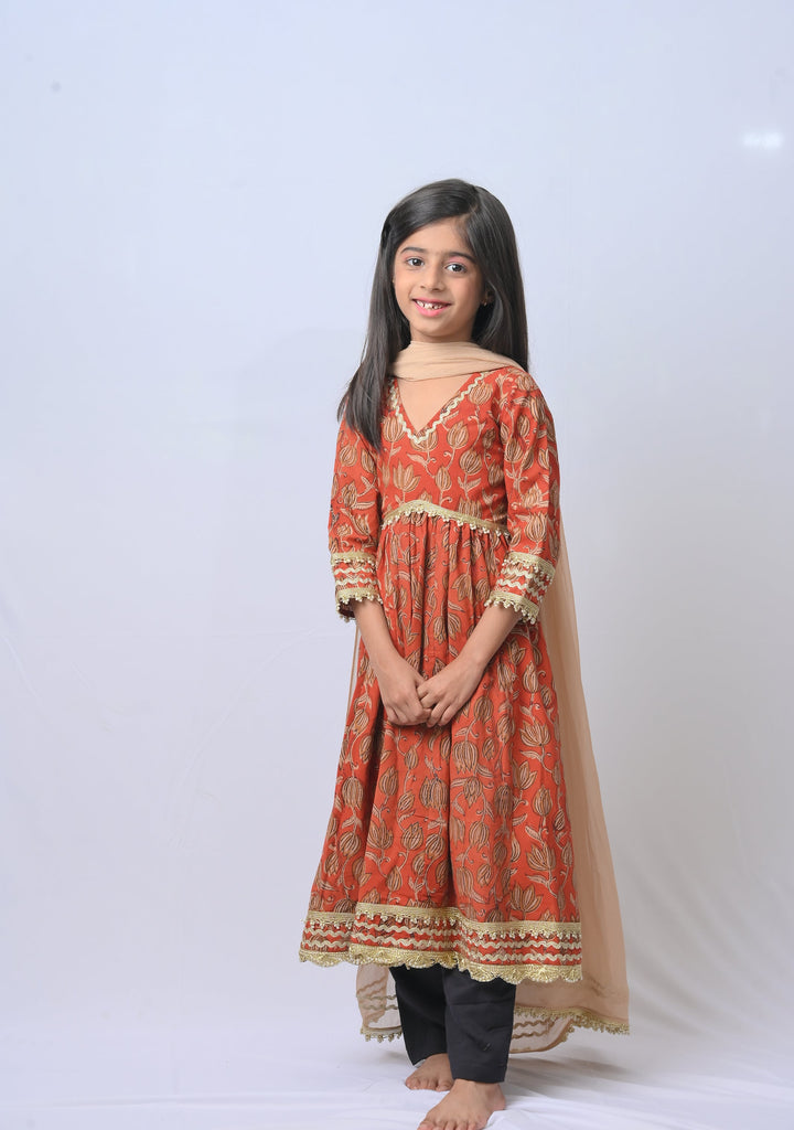 Radhika Bagru Print Pleated 3 piece Anarkali set | Made To Order