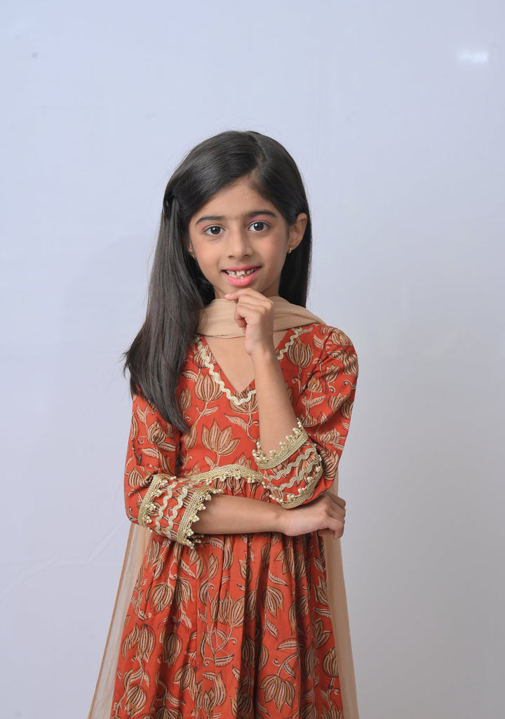 Radhika Bagru Print Pleated 3 piece Anarkali set | Made To Order