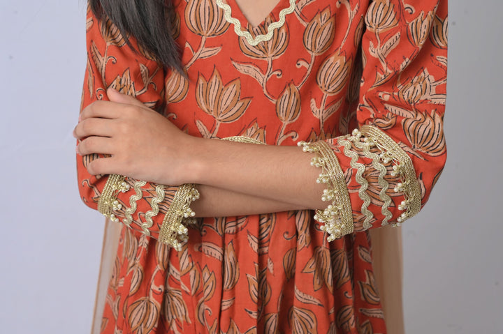 Radhika Bagru Print Pleated 3 piece Anarkali set | Made To Order