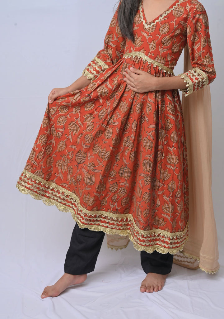 Radhika Bagru Print Pleated 3 piece Anarkali set | Made To Order