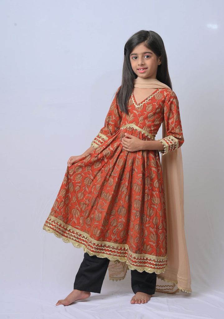 Radhika Bagru Print Pleated 3 piece Anarkali set | Made To Order