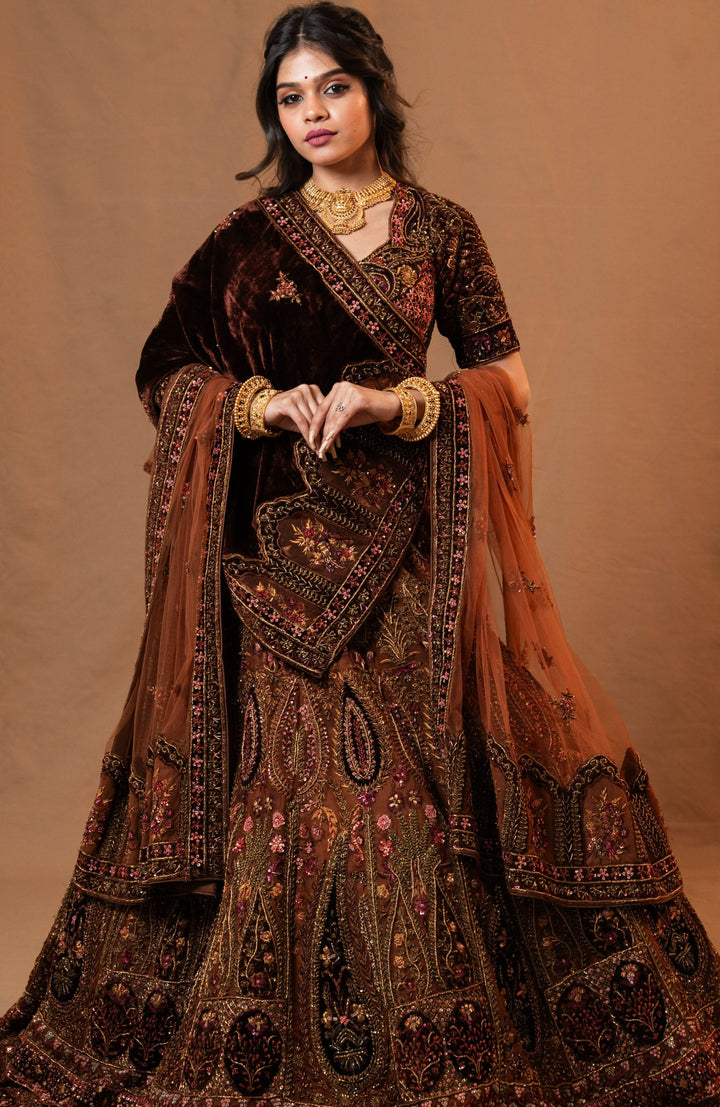 Shades of Brown Velvet Lehenga with embroidery, Customizable, Made to Order