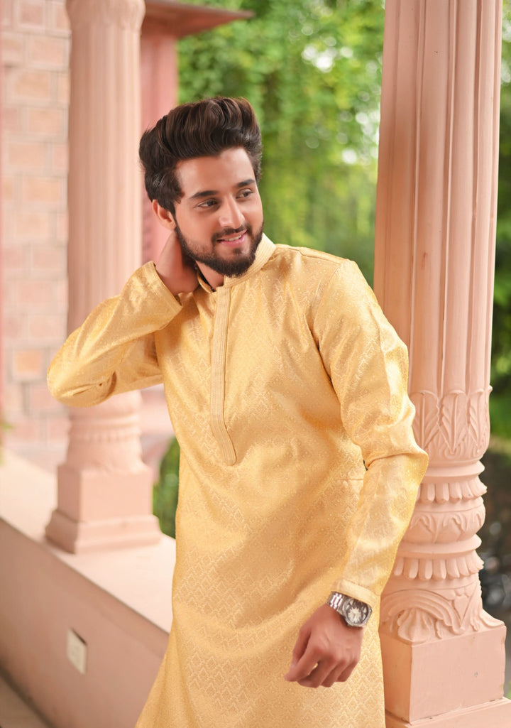 Tan Self Weave Kurta Pajama Set for Men,  Multiple Size | Ethnic Menswear by Shobitam