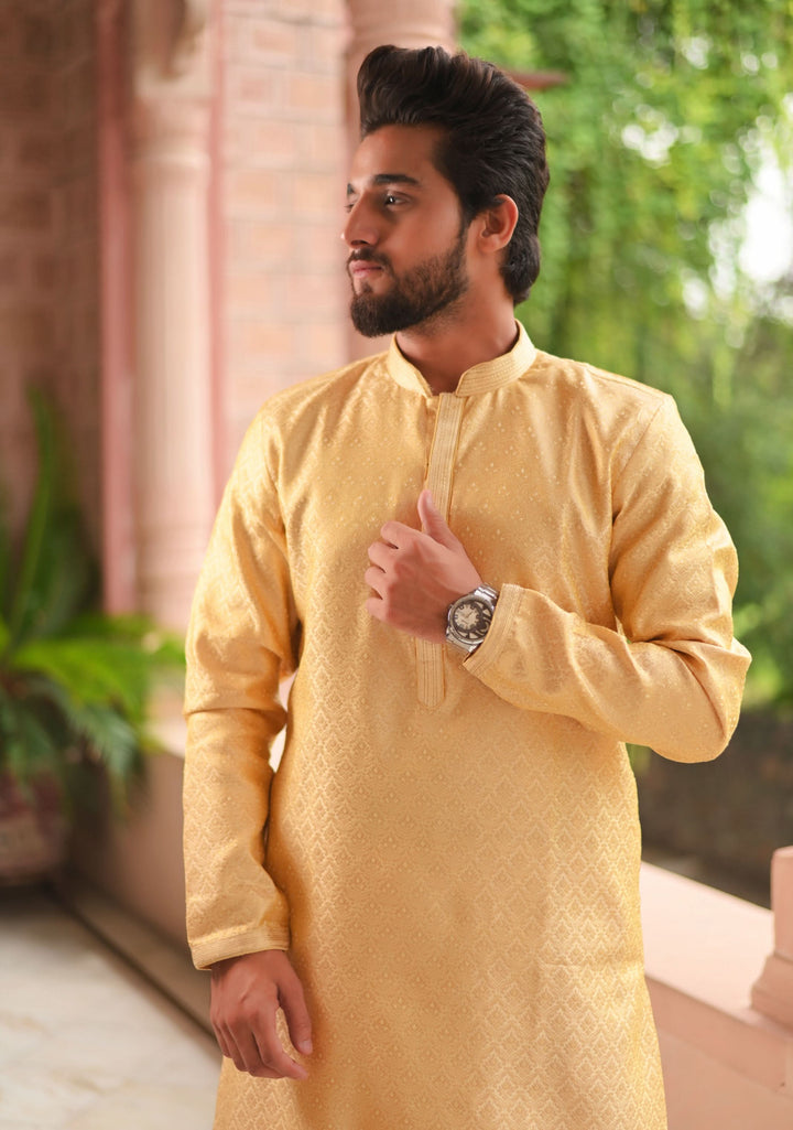 Tan Self Weave Kurta Pajama Set for Men,  Multiple Size | Ethnic Menswear by Shobitam