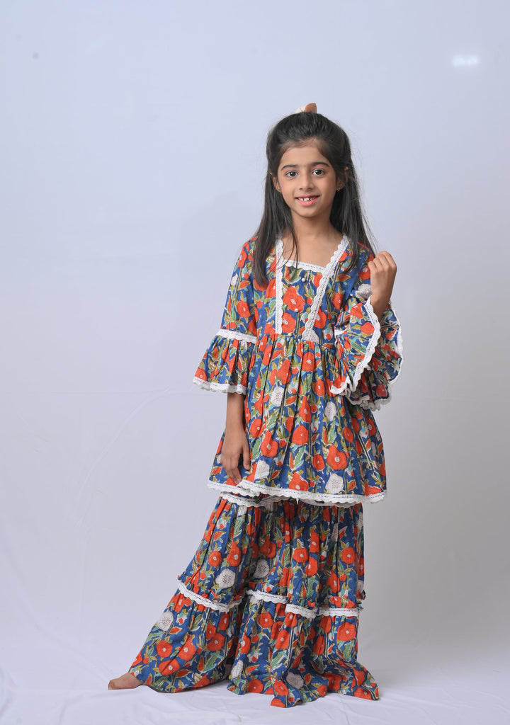 Navy Garden Delight Sharara with lace detailing | Made To Order