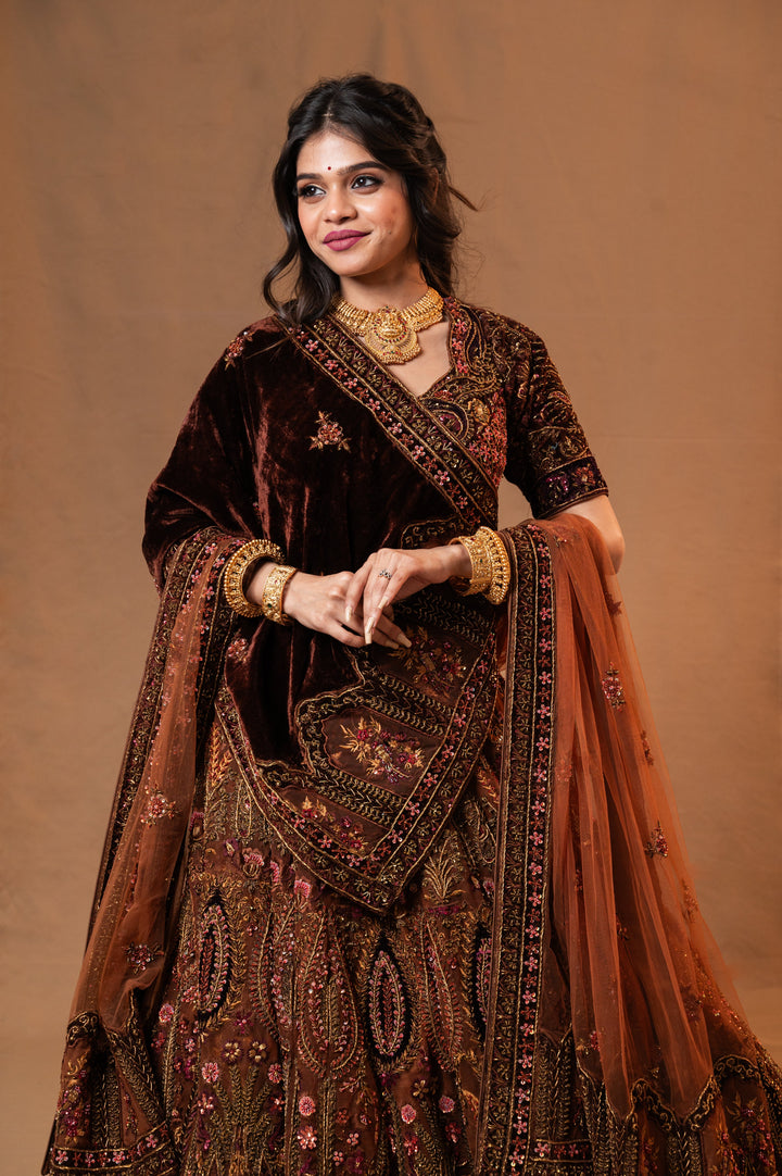 Shades of Brown Velvet Lehenga with embroidery, Customizable, Made to Order