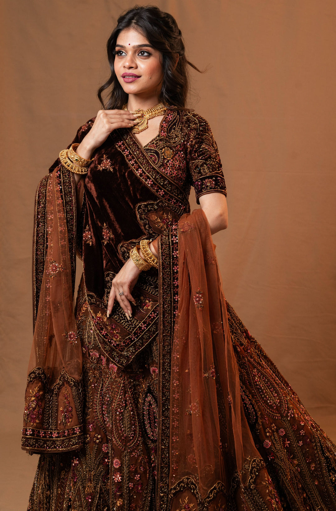 Shades of Brown Velvet Lehenga with embroidery, Customizable, Made to Order