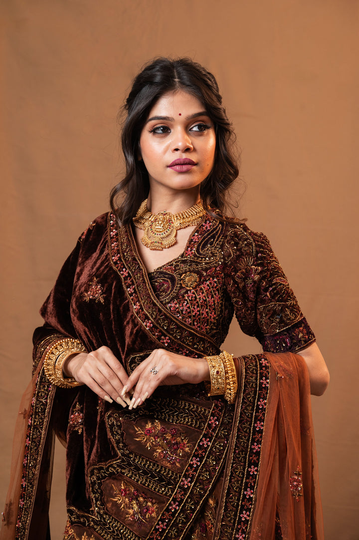 Shades of Brown Velvet Lehenga with embroidery, Customizable, Made to Order