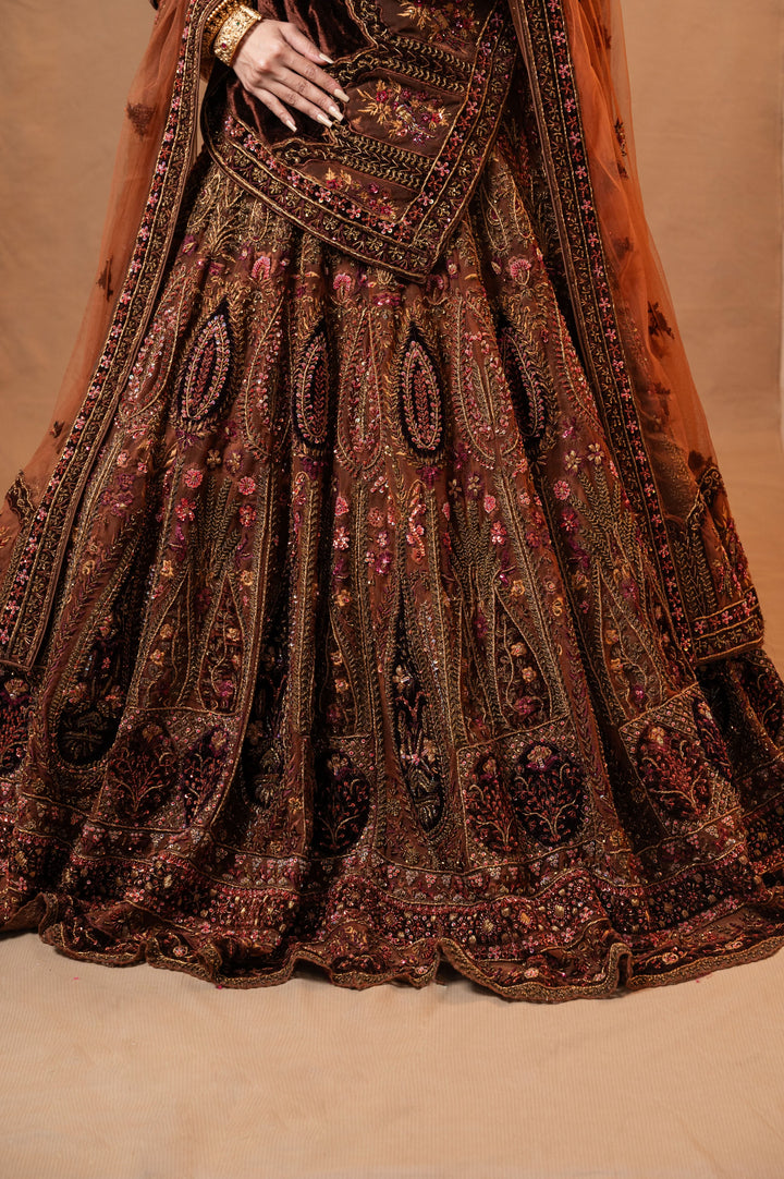 Shades of Brown Velvet Lehenga with embroidery, Customizable, Made to Order