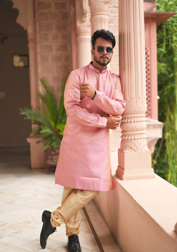 Pink Self Weave Kurta Pajama Set for Men,  Multiple Size | Ethnic Menswear by Shobitam