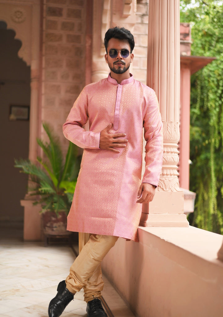 Pink Self Weave Kurta Pajama Set for Men,  Multiple Size | Ethnic Menswear by Shobitam