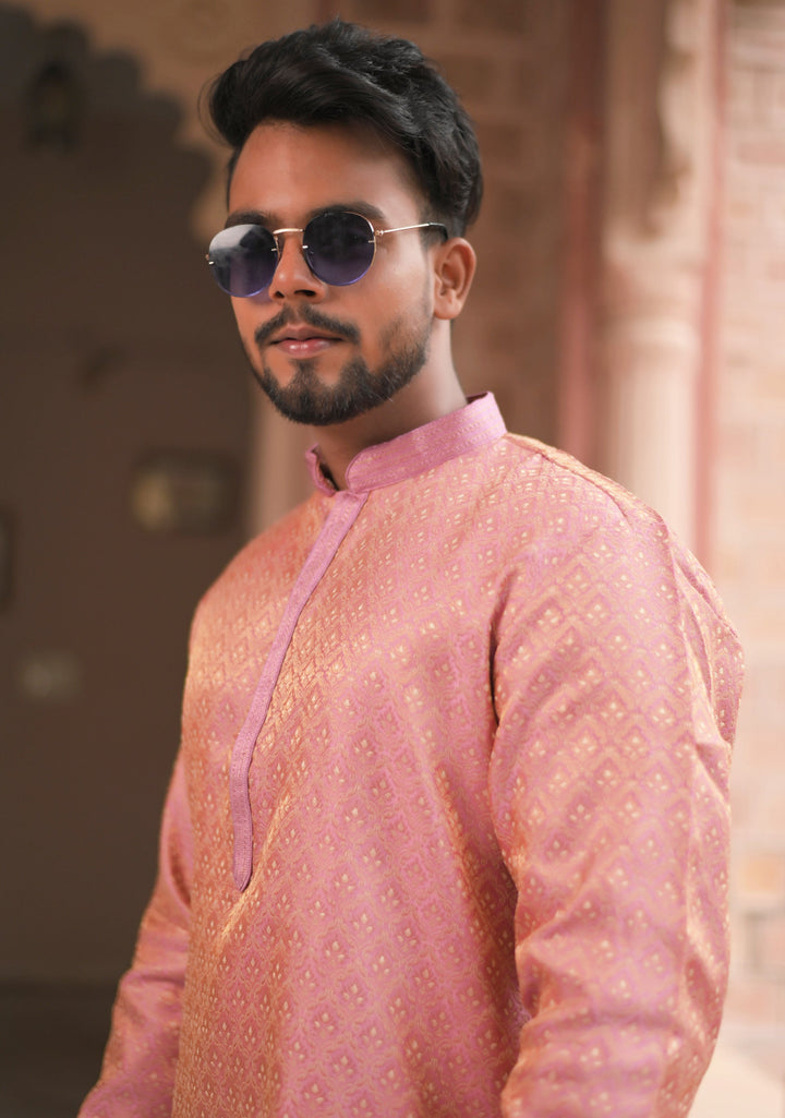 Pink Self Weave Kurta Pajama Set for Men,  Multiple Size | Ethnic Menswear by Shobitam