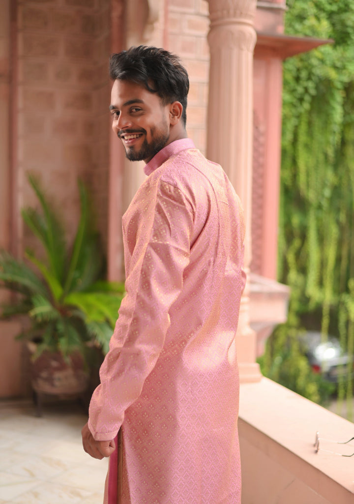 Pink Self Weave Kurta Pajama Set for Men,  Multiple Size | Ethnic Menswear by Shobitam