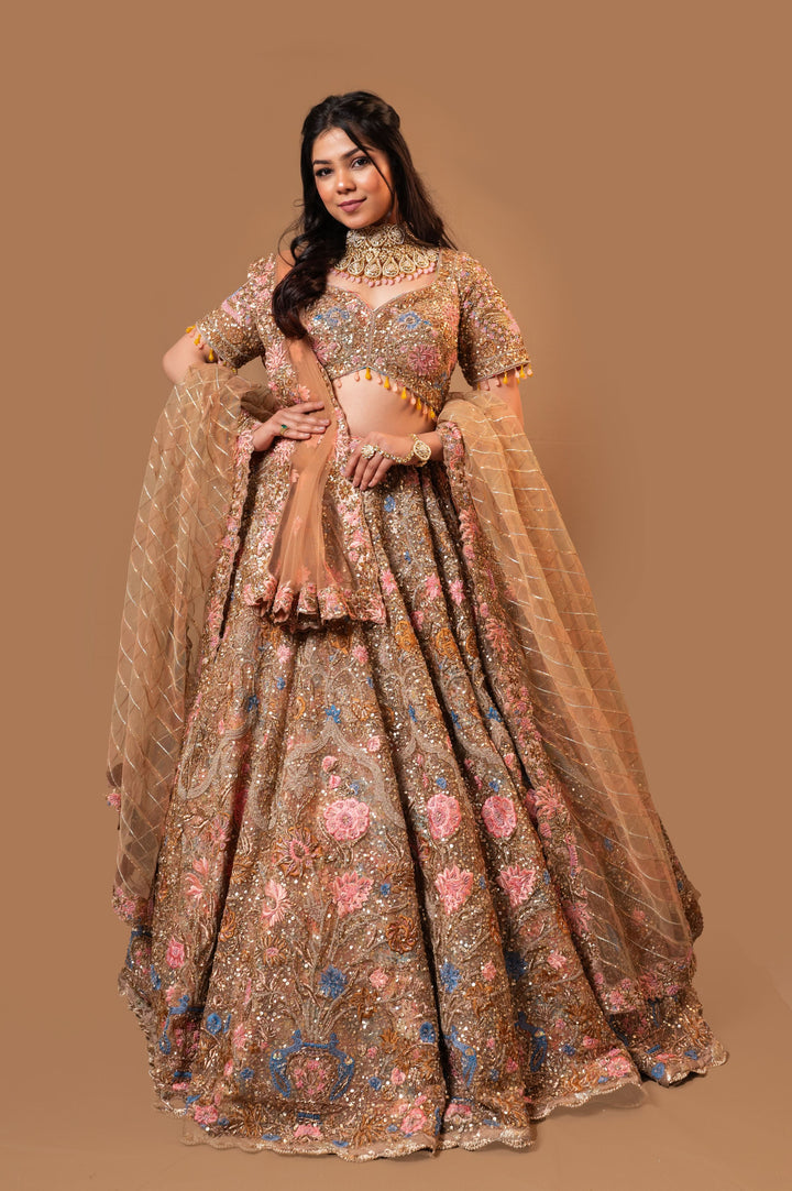Bespoke Champagne Lehenga with embroidery, Customizable, Made to Order
