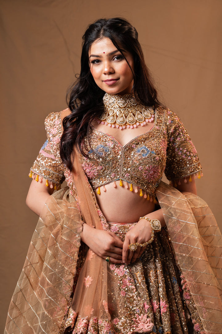 Bespoke Champagne Lehenga with embroidery, Customizable, Made to Order