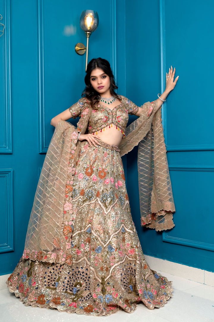 Golden Glimmer Lehenga with embroidery, cancan and 2 Dupattas, Customizable, Made to Order