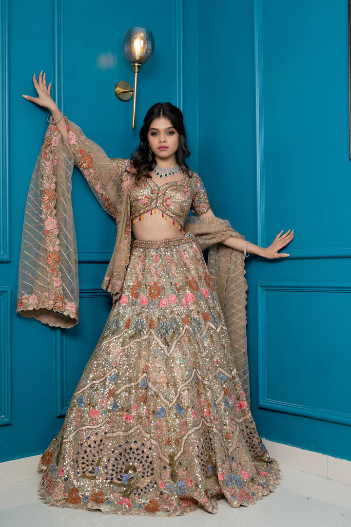 Golden Glimmer Lehenga with embroidery, cancan and 2 Dupattas, Customizable, Made to Order