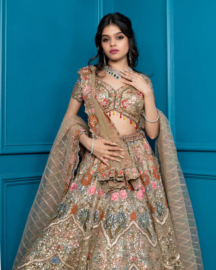 Golden Glimmer Lehenga with embroidery, cancan and 2 Dupattas, Customizable, Made to Order