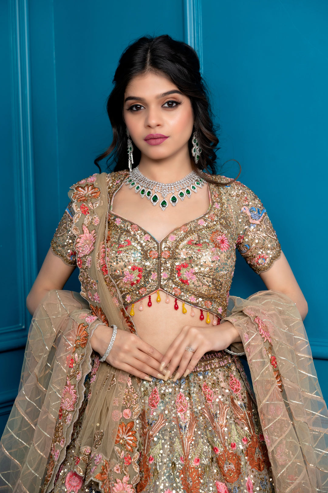 Golden Glimmer Lehenga with embroidery, cancan and 2 Dupattas, Customizable, Made to Order