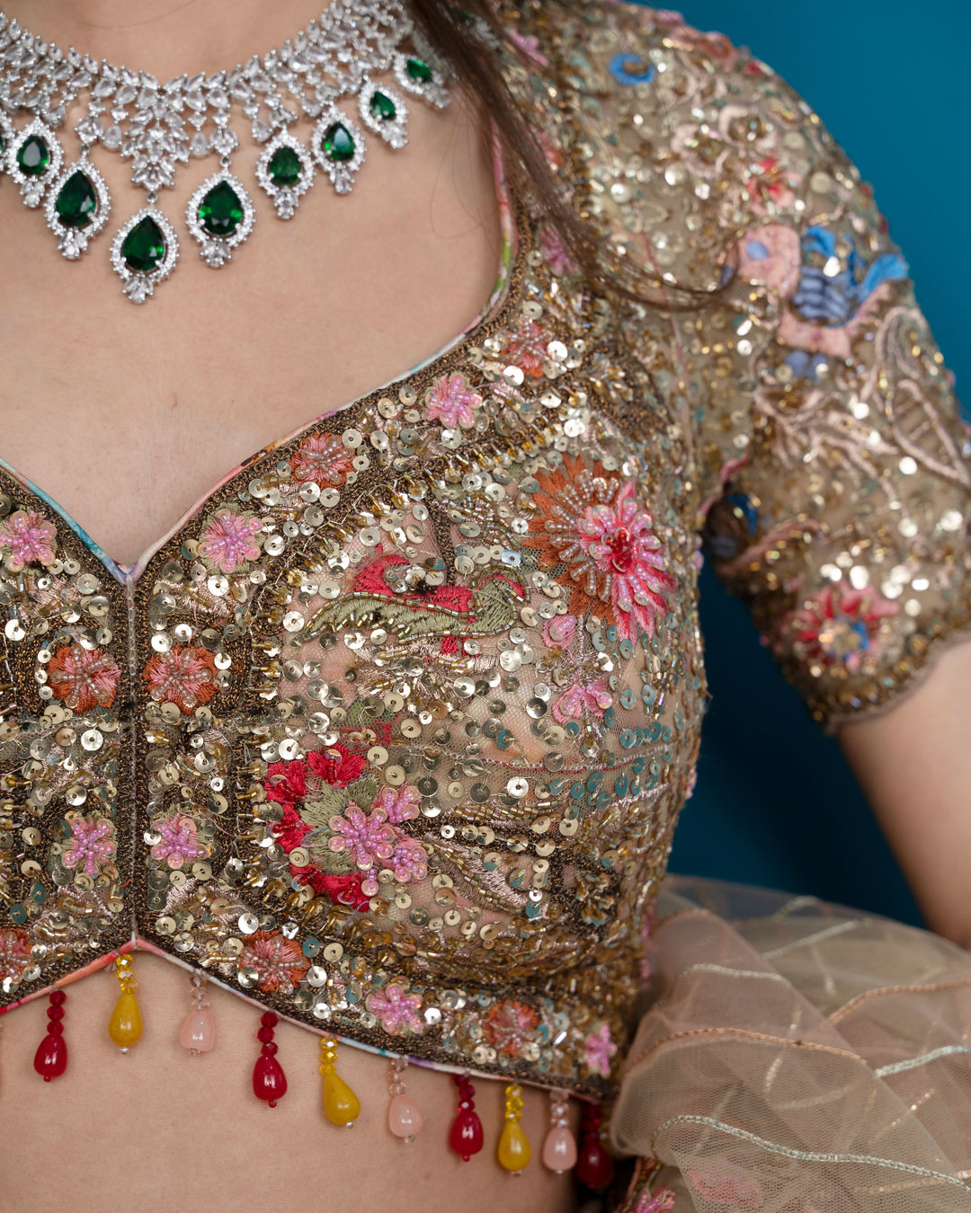 Golden Glimmer Lehenga with embroidery, cancan and 2 Dupattas, Customizable, Made to Order