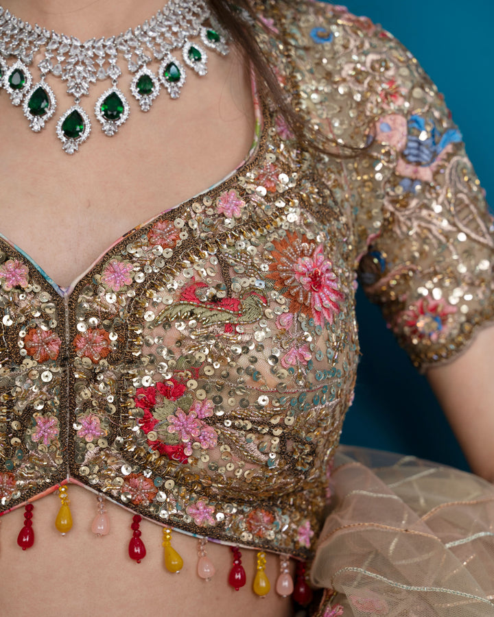 Golden Glimmer Lehenga with embroidery, cancan and 2 Dupattas, Customizable, Made to Order