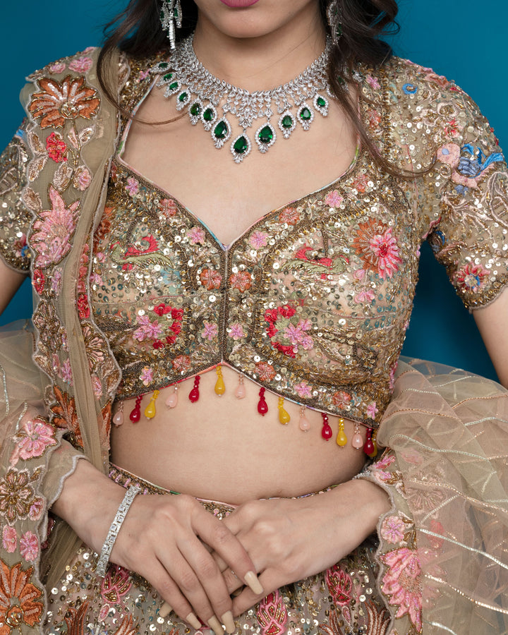 Golden Glimmer Lehenga with embroidery, cancan and 2 Dupattas, Customizable, Made to Order