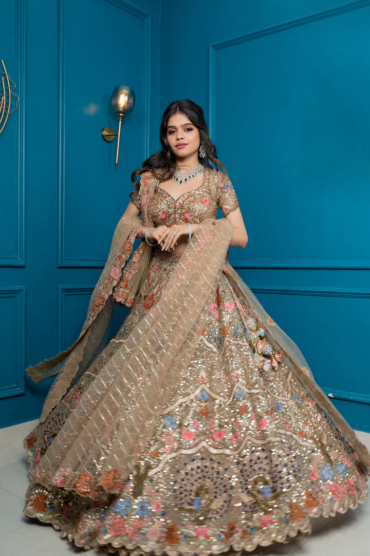 Golden Glimmer Lehenga with embroidery, cancan and 2 Dupattas, Customizable, Made to Order