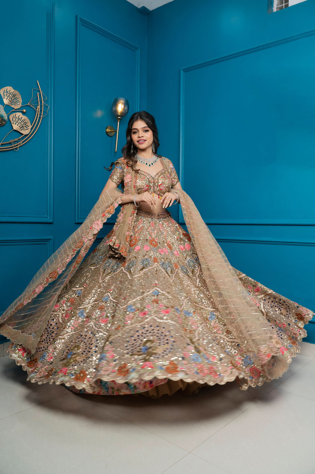 Golden Glimmer Lehenga with embroidery, cancan and 2 Dupattas, Customizable, Made to Order
