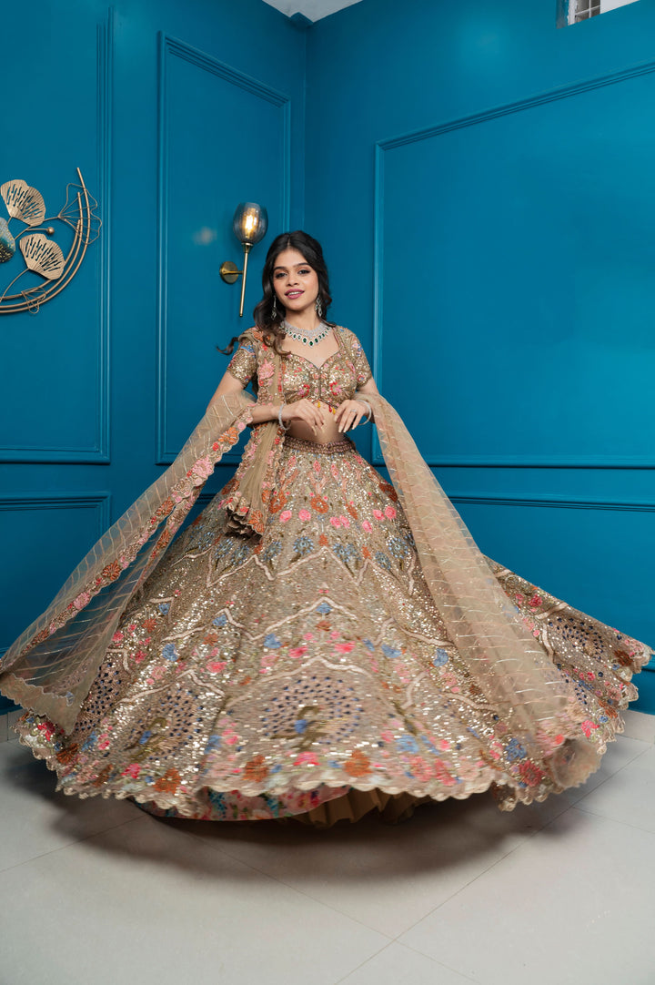 Golden Glimmer Lehenga with embroidery, cancan and 2 Dupattas, Customizable, Made to Order