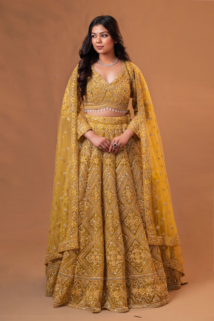 Mustard Yellow Lehenga Set with embroidery, Customizable, Made to Order