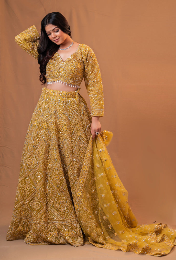 Mustard Yellow Lehenga Set with embroidery, Customizable, Made to Order