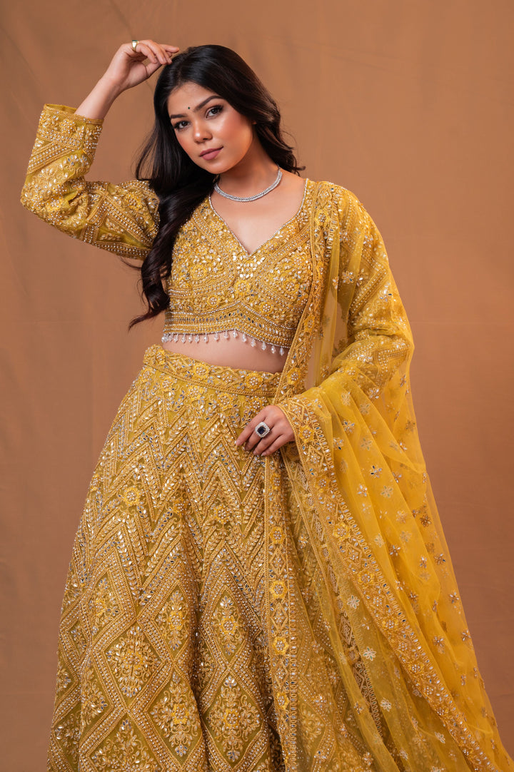Mustard Yellow Lehenga Set with embroidery, Customizable, Made to Order