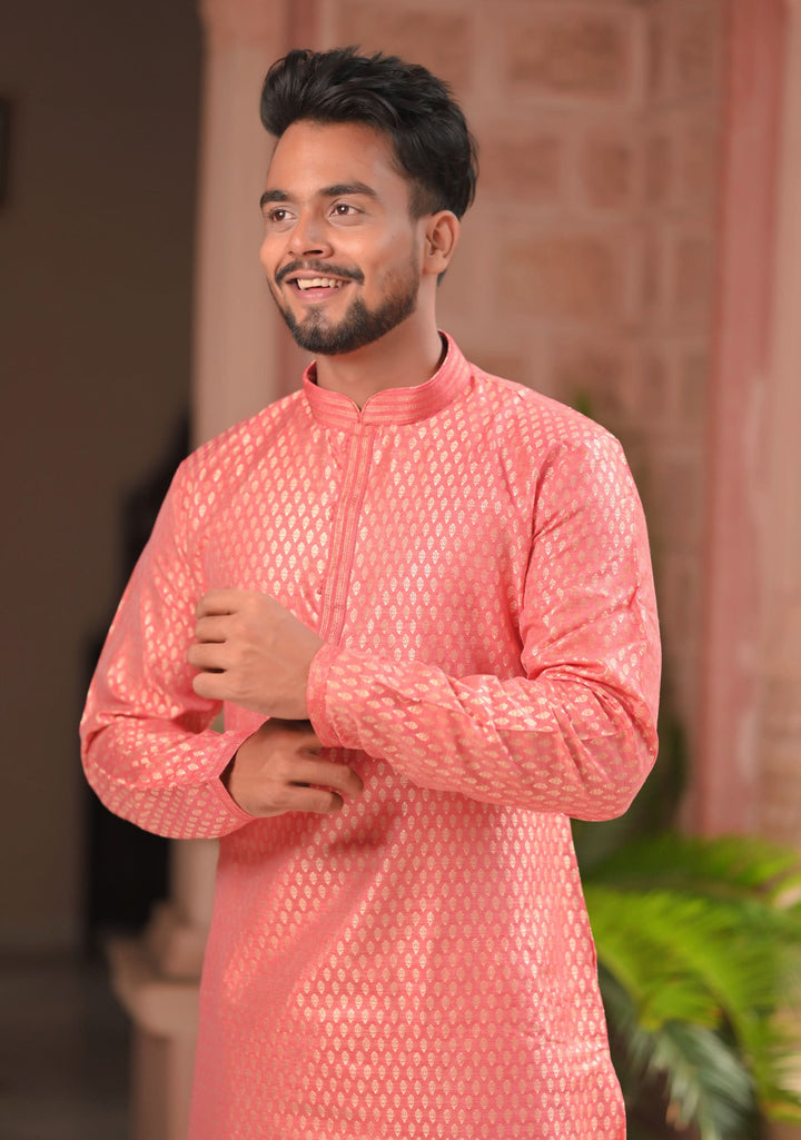 Peach Pink Self Weave Kurta pajama Set for Men, Multiple Sizes | Ethnic Menswear by Shobitam