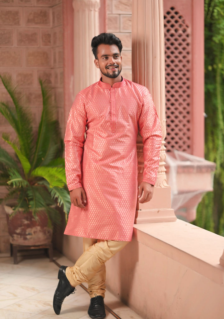 Peach Pink Self Weave Kurta pajama Set for Men, Multiple Sizes | Ethnic Menswear by Shobitam