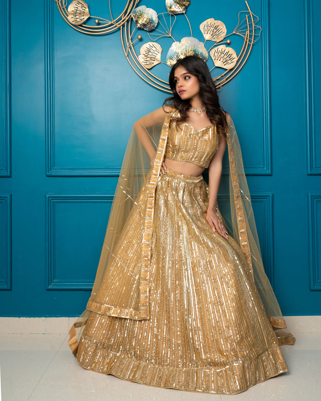 Tan Gold Lehenga Set with cutdana embroidery, Customizable, Made to Order