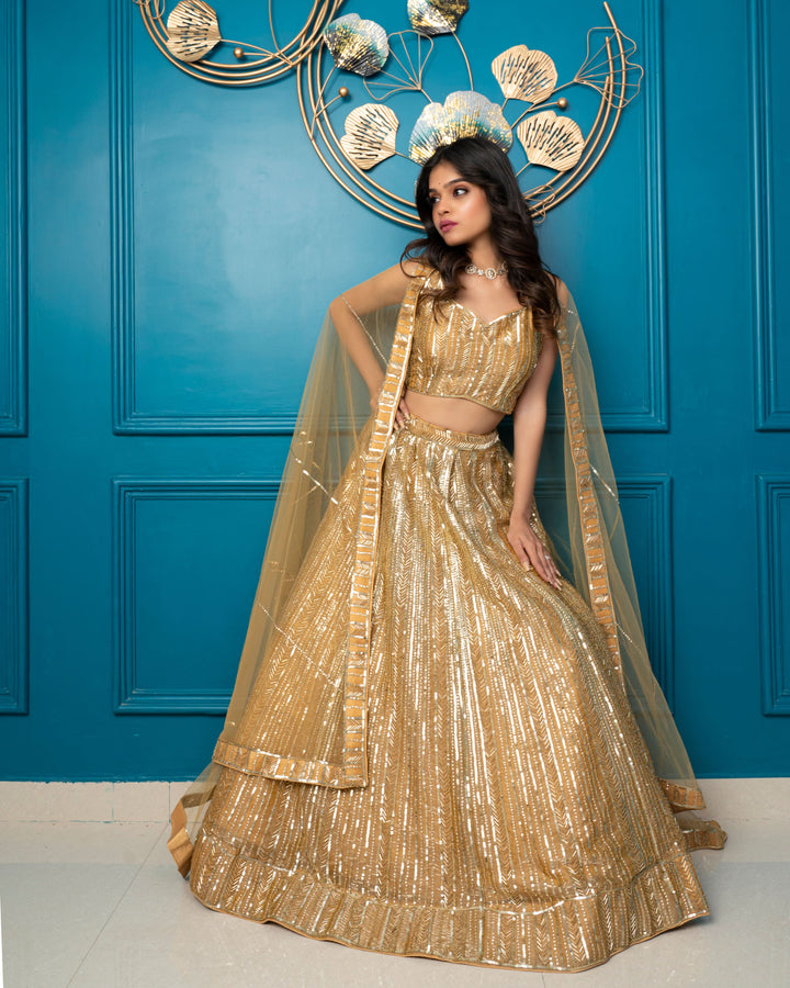 Tan Gold Lehenga Set with cutdana embroidery, Customizable, Made to Order