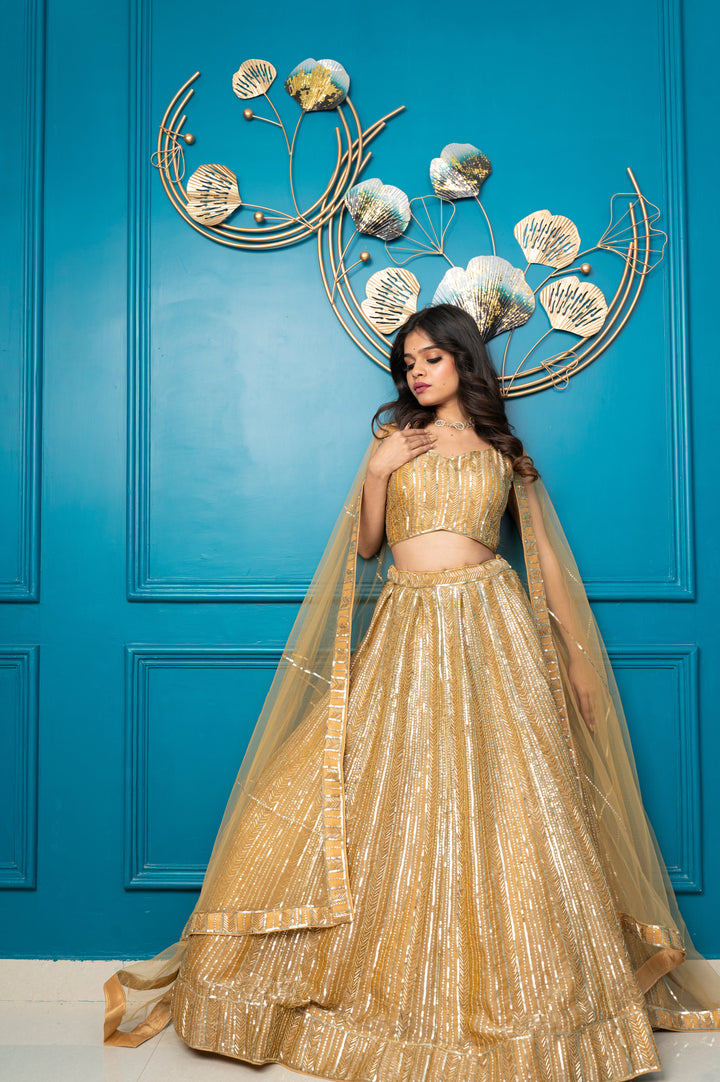 Tan Gold Lehenga Set with cutdana embroidery, Customizable, Made to Order