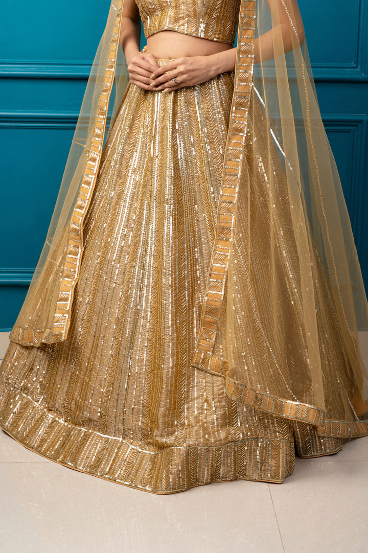 Tan Gold Lehenga Set with cutdana embroidery, Customizable, Made to Order