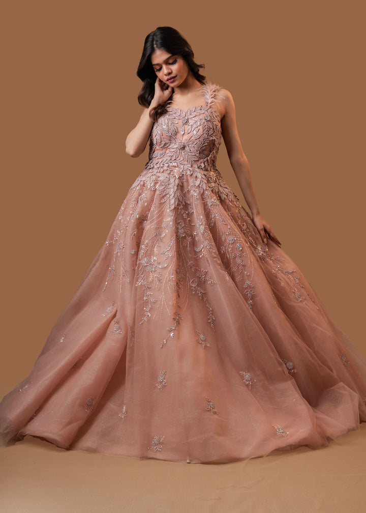 Dusty Rose Gown with embroidery with Cutdana on mesh net, Customizable, Made to Order