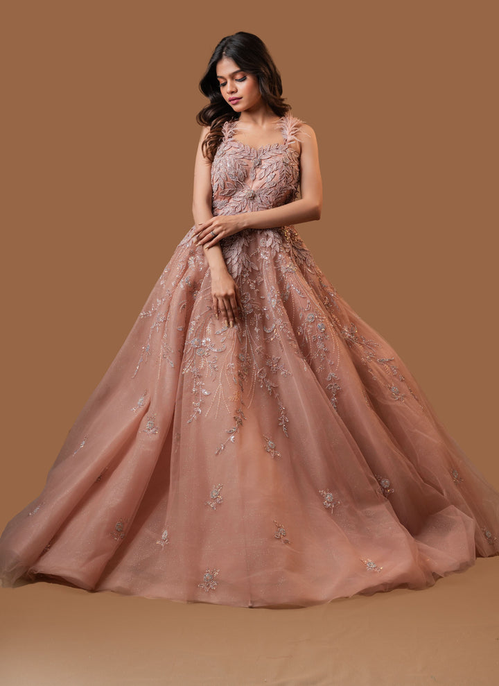 Dusty Rose Gown with embroidery with Cutdana on mesh net, Customizable, Made to Order