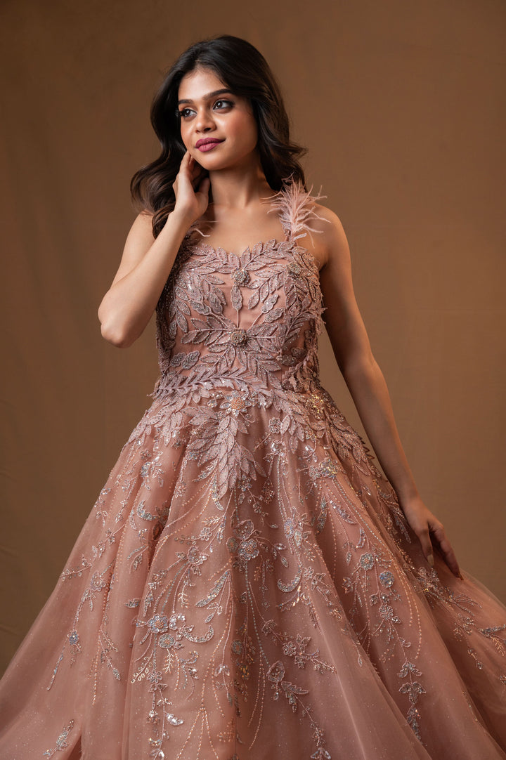 Dusty Rose Gown with embroidery with Cutdana on mesh net, Customizable, Made to Order