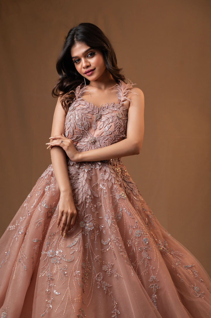 Dusty Rose Gown with embroidery with Cutdana on mesh net, Customizable, Made to Order