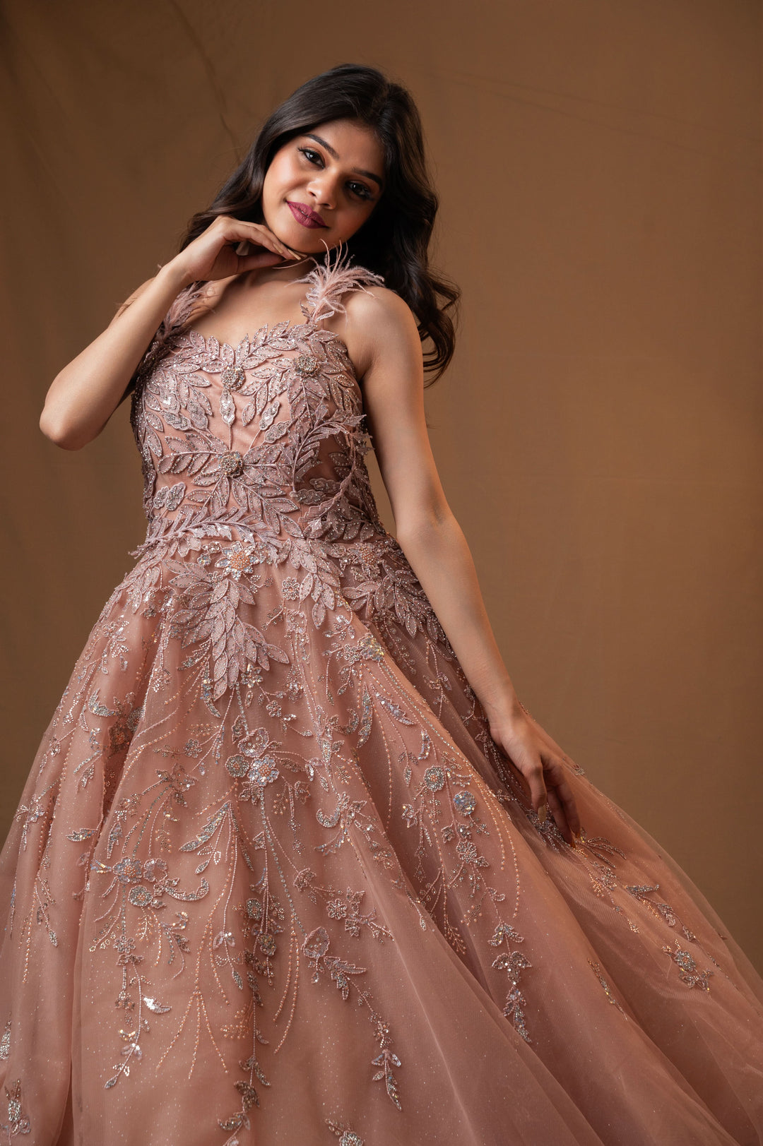 Dusty Rose Gown with embroidery with Cutdana on mesh net, Customizable, Made to Order