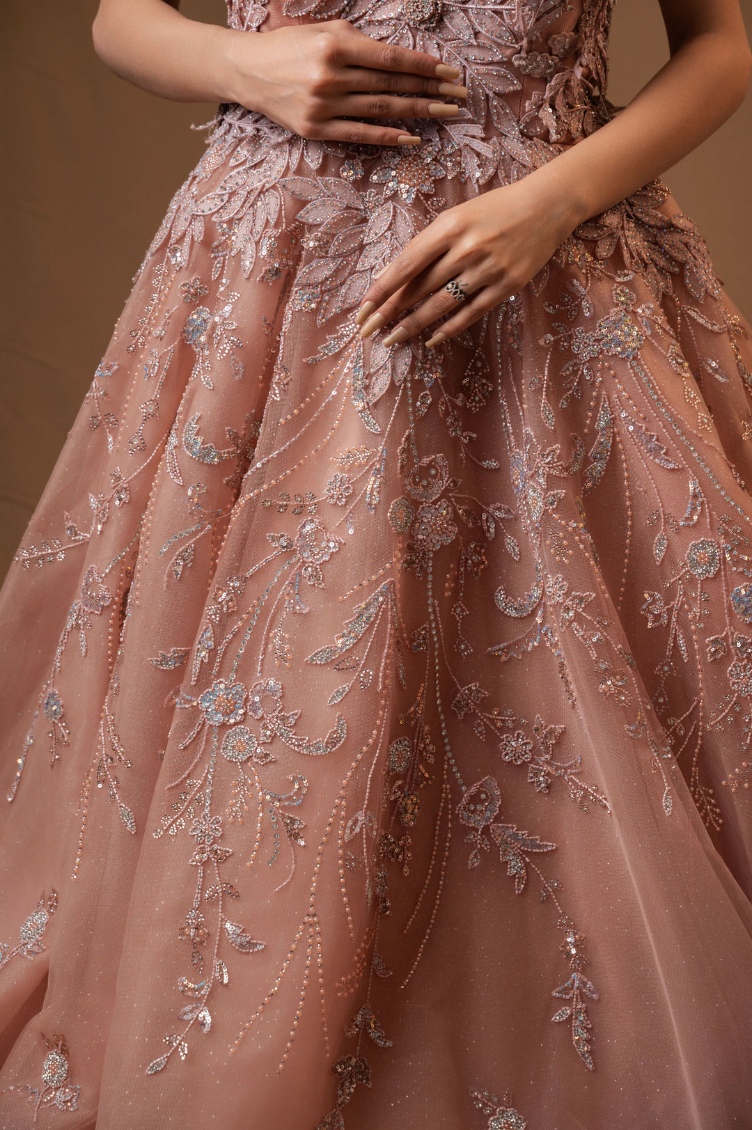 Dusty Rose Gown with embroidery with Cutdana on mesh net, Customizable, Made to Order