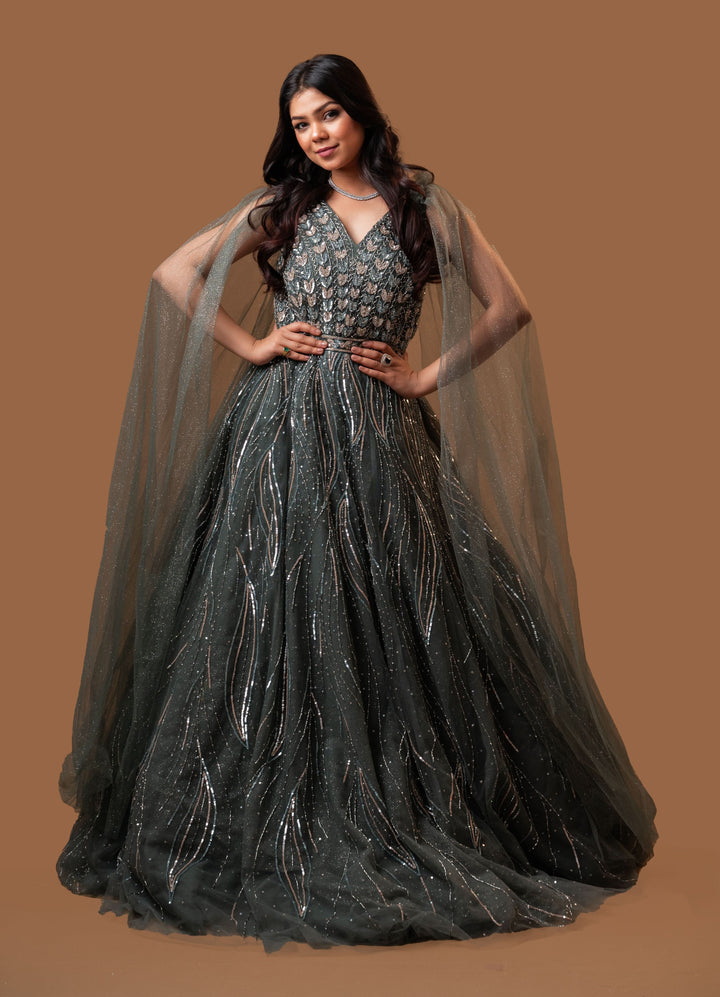 Patina Net Gown with embroidery, Customizable, Made to Order