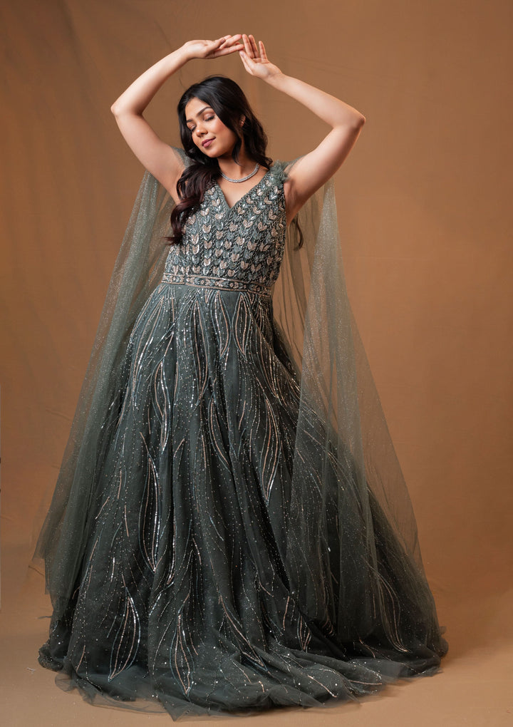 Patina Net Gown with embroidery, Customizable, Made to Order