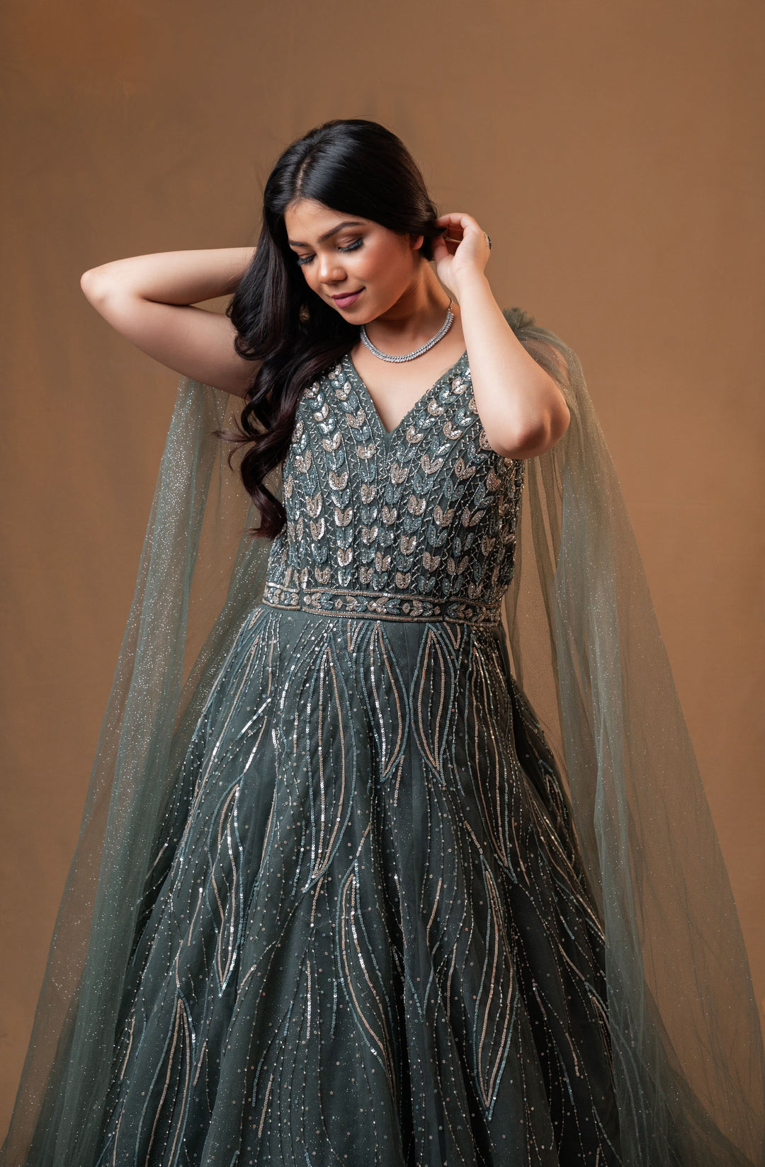 Patina Net Gown with embroidery, Customizable, Made to Order