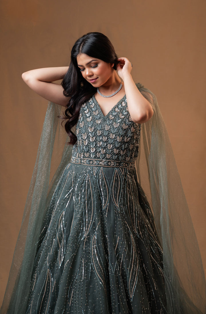Patina Net Gown with embroidery, Customizable, Made to Order